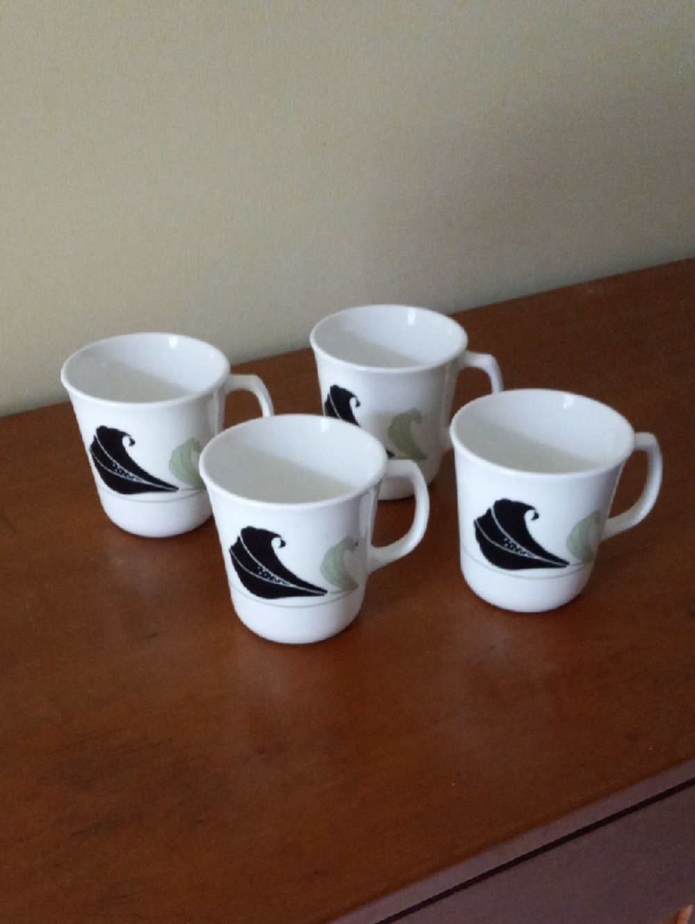 Corningware White Ceramic Mugs with Black Orchid & Leaf Motif - Set of 4